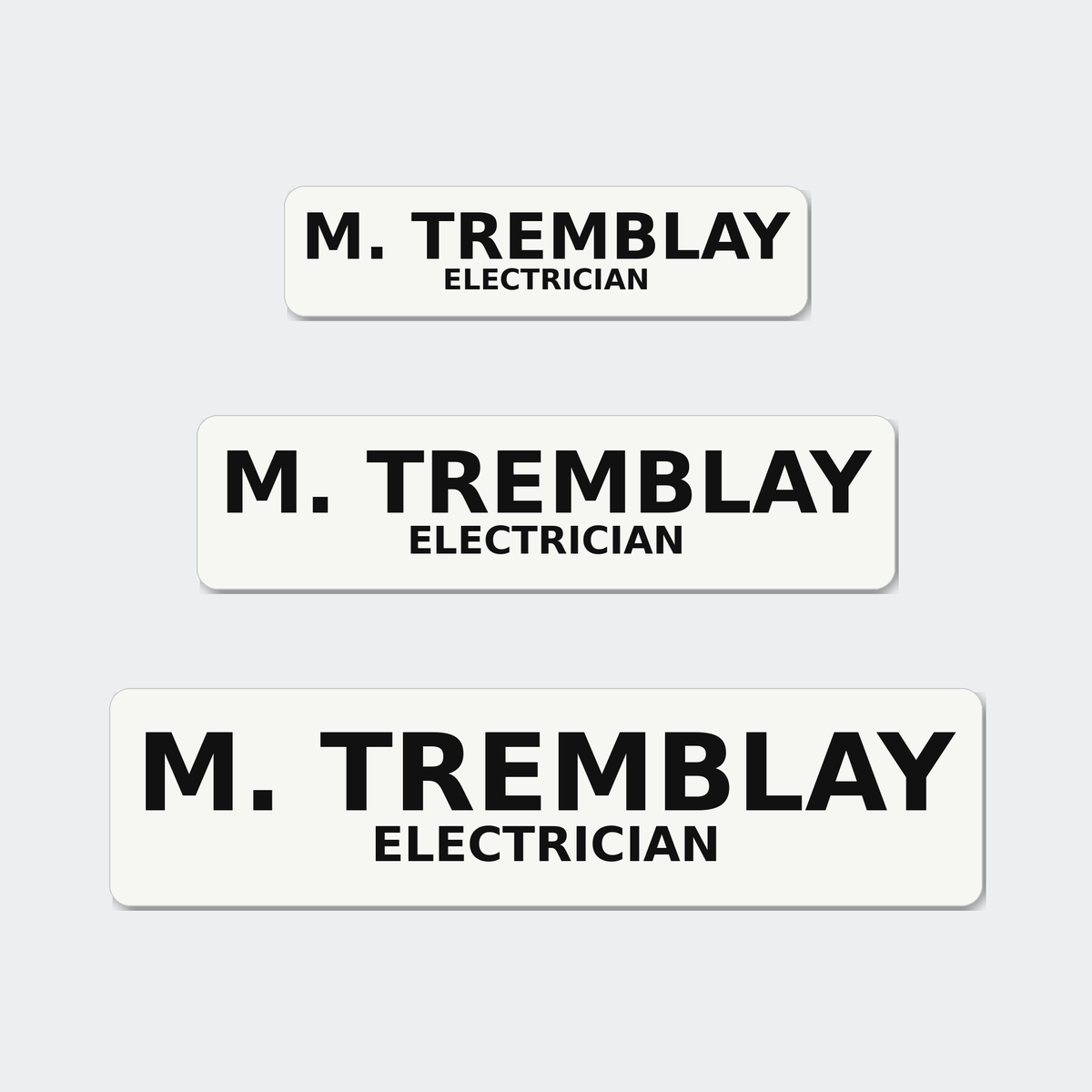 The three name strip sizes, 3 by 0.75, 4 by 1 and 5 by 1.25 inches, shown at true relative scale.