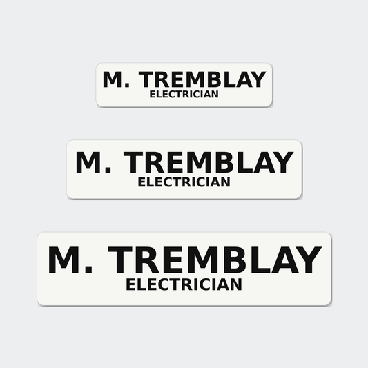 The three name strip sizes, 3 by 0.75, 4 by 1 and 5 by 1.25 inches, shown at true relative scale.