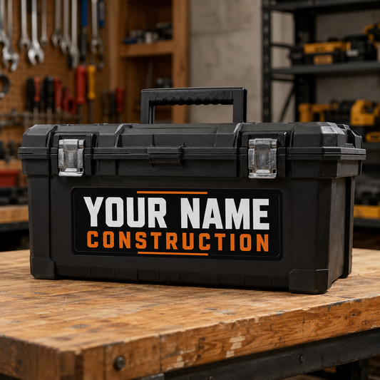Construction style custom name decal on black toolbox