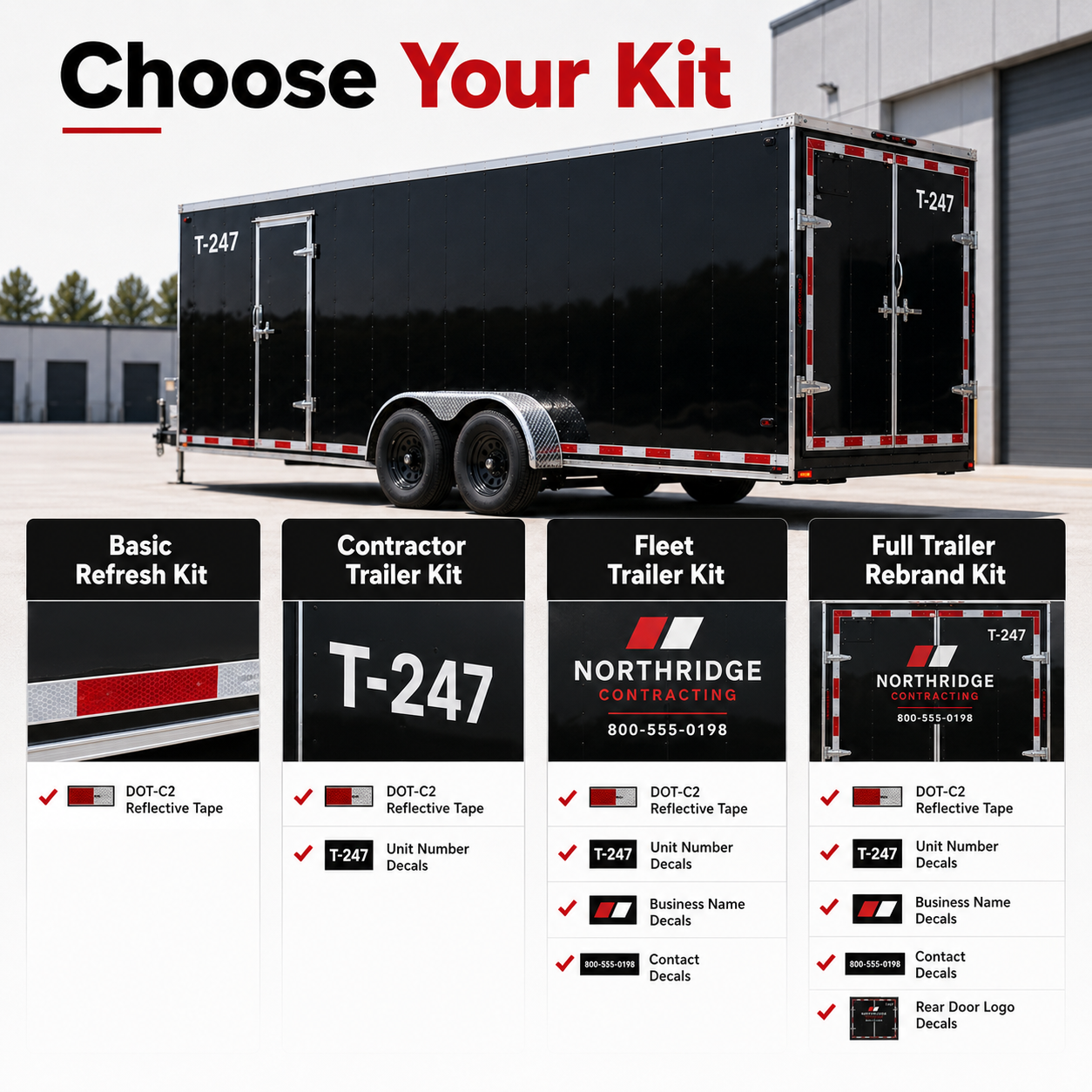 Trailer Fleet Refresh Kit options showing Basic Contractor Fleet and Full Trailer Rebrand kits