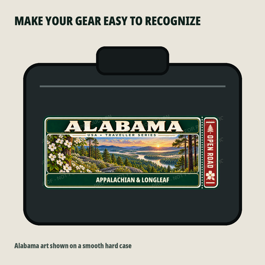 Alabama Traveller Gear Tag shown on a smooth hard equipment case - Alabama Luggage Decals — Packs of 2 to 8