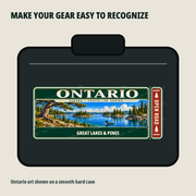 Ontario Traveller Gear Tag shown on a smooth hard equipment case