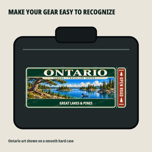 Ontario Traveller Gear Tag shown on a smooth hard equipment case
