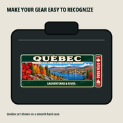 Quebec Traveller Gear Tag shown on a smooth hard equipment case