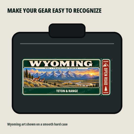 Wyoming Traveller Gear Tag shown on a smooth hard equipment case