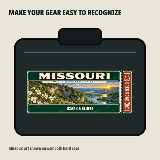 Missouri Traveller Gear Tag shown on a smooth hard equipment case