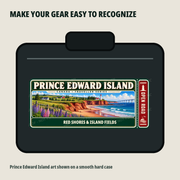 Prince Edward Island Traveller Gear Tag shown on a smooth hard equipment case