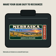 Nebraska Traveller Gear Tag shown on a smooth hard equipment case