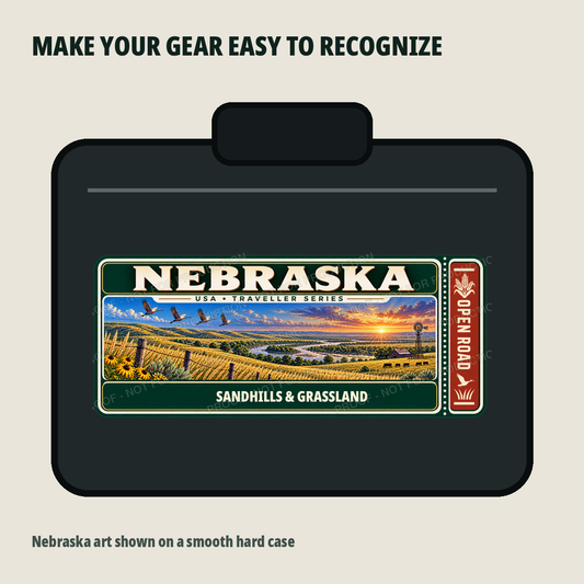 Nebraska Traveller Gear Tag shown on a smooth hard equipment case