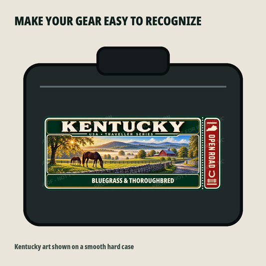 Kentucky Traveller Gear Tag shown on a smooth hard equipment case