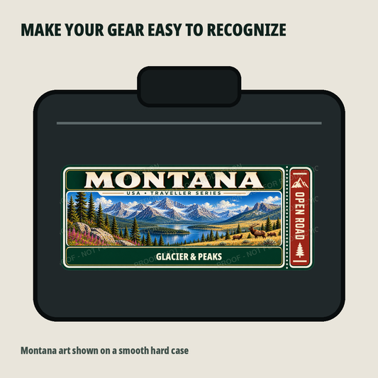 Montana Traveller Gear Tag shown on a smooth hard equipment case