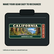 California Traveller Gear Tag shown on a smooth hard equipment case