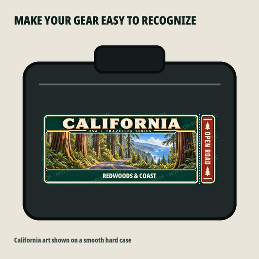California Traveller Gear Tag shown on a smooth hard equipment case