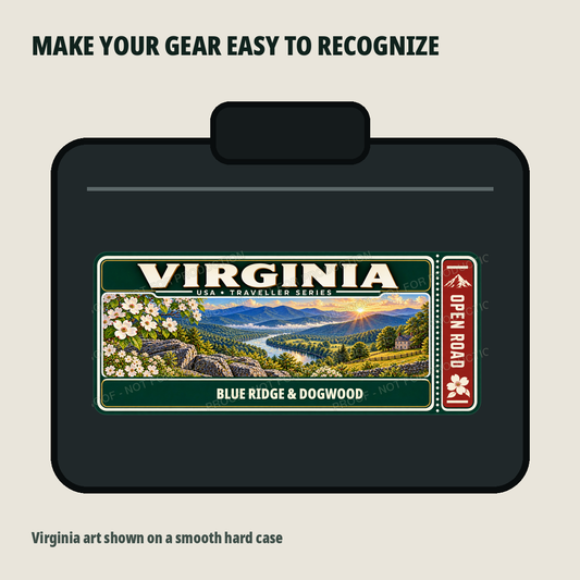 Virginia Traveller Gear Tag shown on a smooth hard equipment case