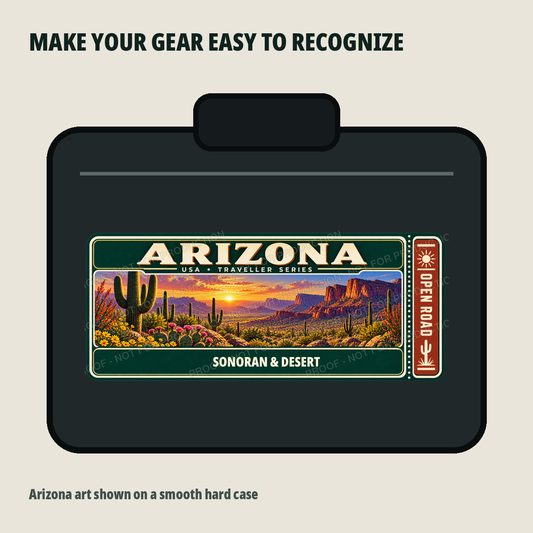 Arizona Traveller Gear Tag shown on a smooth hard equipment case