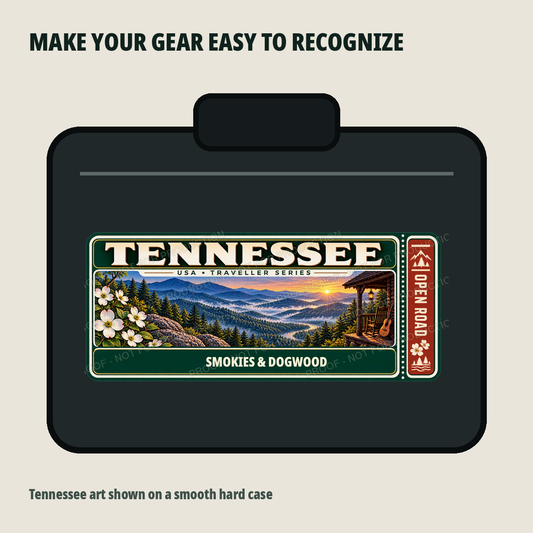 Tennessee Traveller Gear Tag shown on a smooth hard equipment case