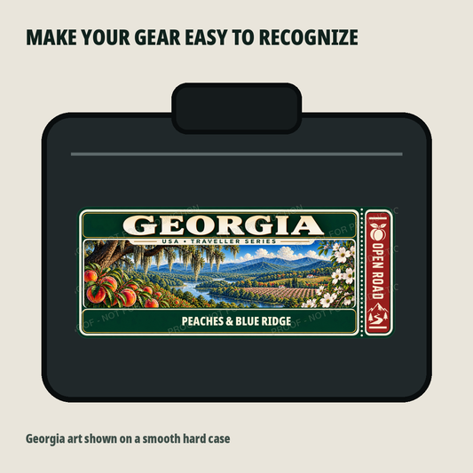 Georgia Traveller Gear Tag shown on a smooth hard equipment case