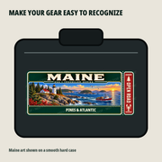 Maine Traveller Gear Tag shown on a smooth hard equipment case