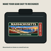 Massachusetts Traveller Gear Tag shown on a smooth hard equipment case