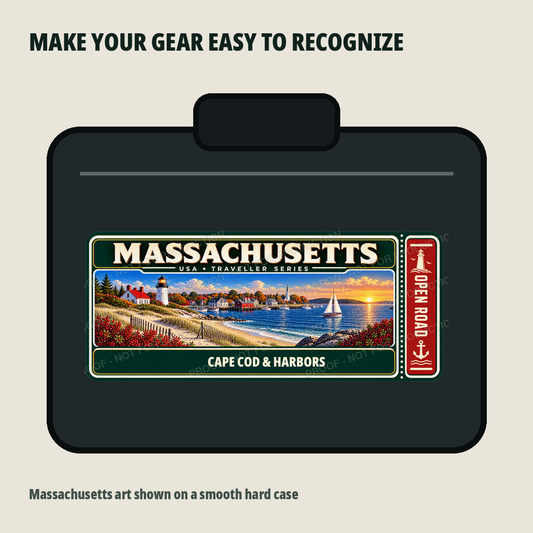 Massachusetts Traveller Gear Tag shown on a smooth hard equipment case
