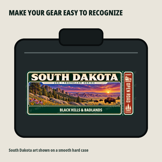 South Dakota Traveller Gear Tag shown on a smooth hard equipment case