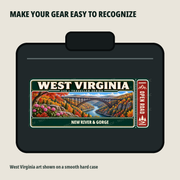 West Virginia Traveller Gear Tag shown on a smooth hard equipment case