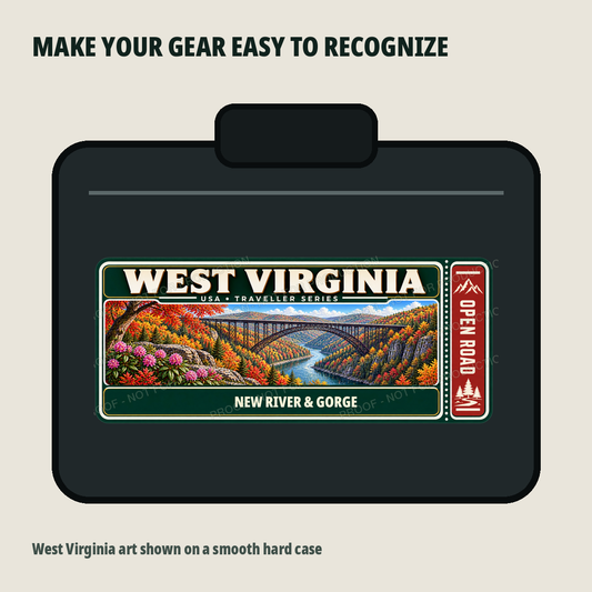 West Virginia Traveller Gear Tag shown on a smooth hard equipment case