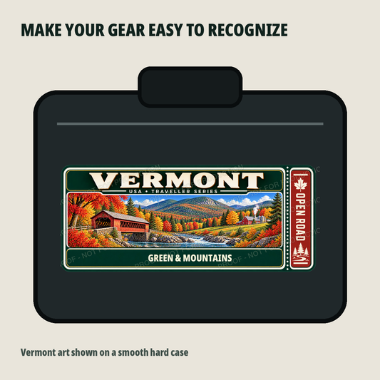 Vermont Traveller Gear Tag shown on a smooth hard equipment case