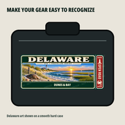 Delaware Traveller Gear Tag shown on a smooth hard equipment case