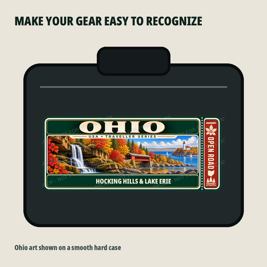 Ohio Traveller Gear Tag shown on a smooth hard equipment case
