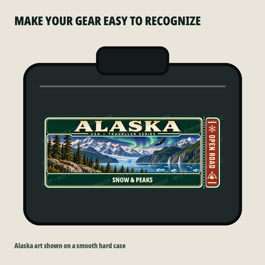 Alaska Traveller Gear Tag shown on a smooth hard equipment case