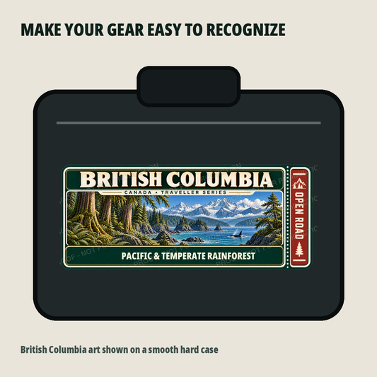 British Columbia Traveller Gear Tag shown on a smooth hard equipment case