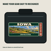 Iowa Traveller Gear Tag shown on a smooth hard equipment case