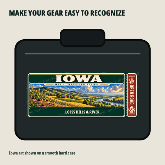 Iowa Traveller Gear Tag shown on a smooth hard equipment case