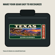 Texas Traveller Gear Tag shown on a smooth hard equipment case