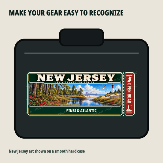 New Jersey Traveller Gear Tag shown on a smooth hard equipment case