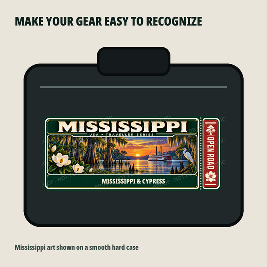 Mississippi Traveller Gear Tag shown on a smooth hard equipment case