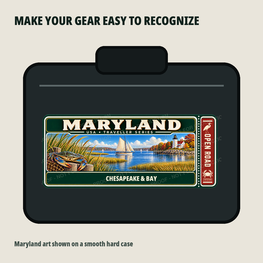 Maryland Traveller Gear Tag shown on a smooth hard equipment case