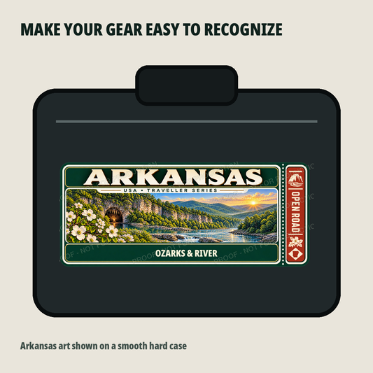 Arkansas Traveller Gear Tag shown on a smooth hard equipment case