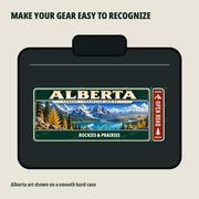 Alberta Traveller Gear Tag shown on a smooth hard equipment case