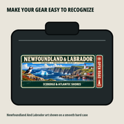 Newfoundland And Labrador Traveller Gear Tag shown on a smooth hard equipment case
