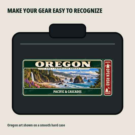 Oregon Traveller Gear Tag shown on a smooth hard equipment case