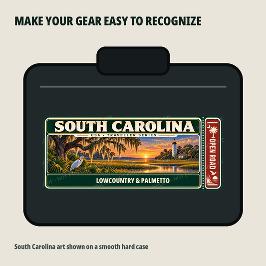 South Carolina Traveller Gear Tag shown on a smooth hard equipment case