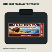 Manitoba Traveller Gear Tag shown on a smooth hard equipment case