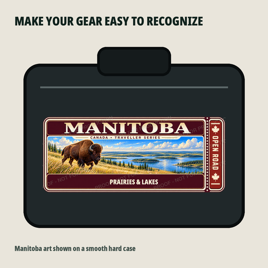 Manitoba Traveller Gear Tag shown on a smooth hard equipment case