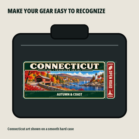 Connecticut Traveller Gear Tag shown on a smooth hard equipment case