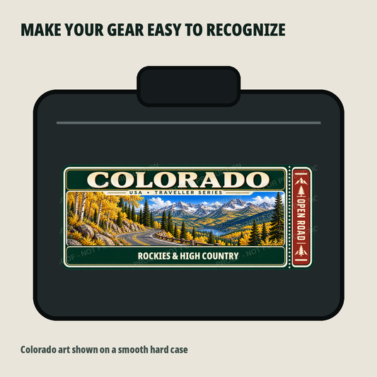 Colorado Traveller Gear Tag shown on a smooth hard equipment case