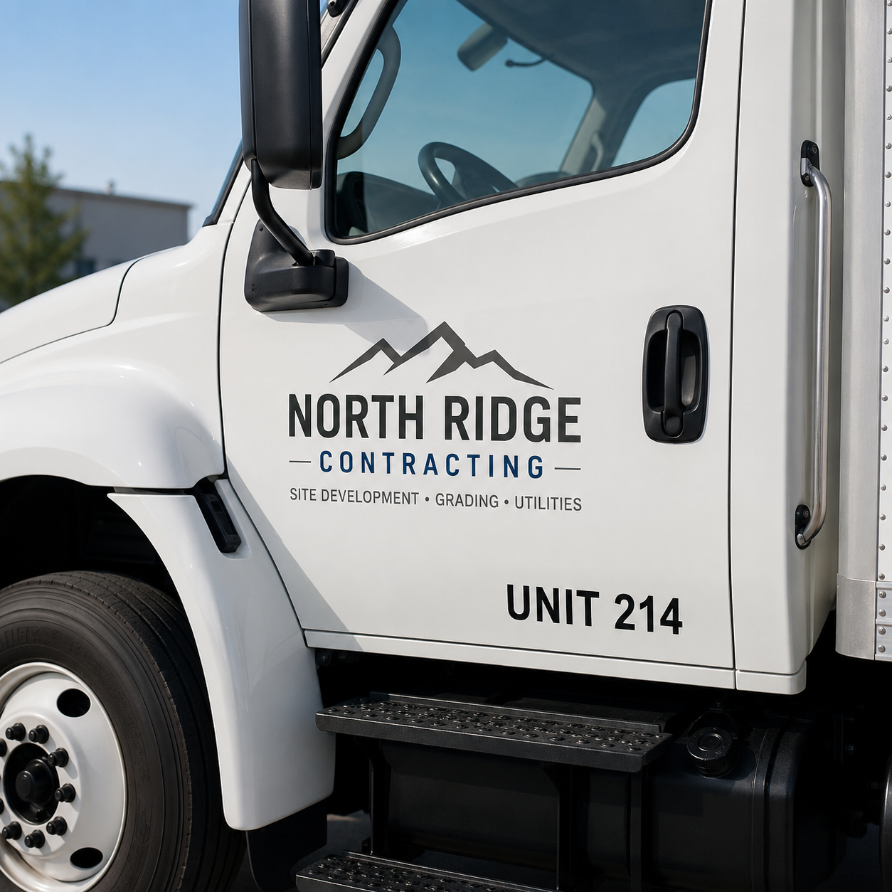 Commercial truck with fleet unit number decal applied near company branding