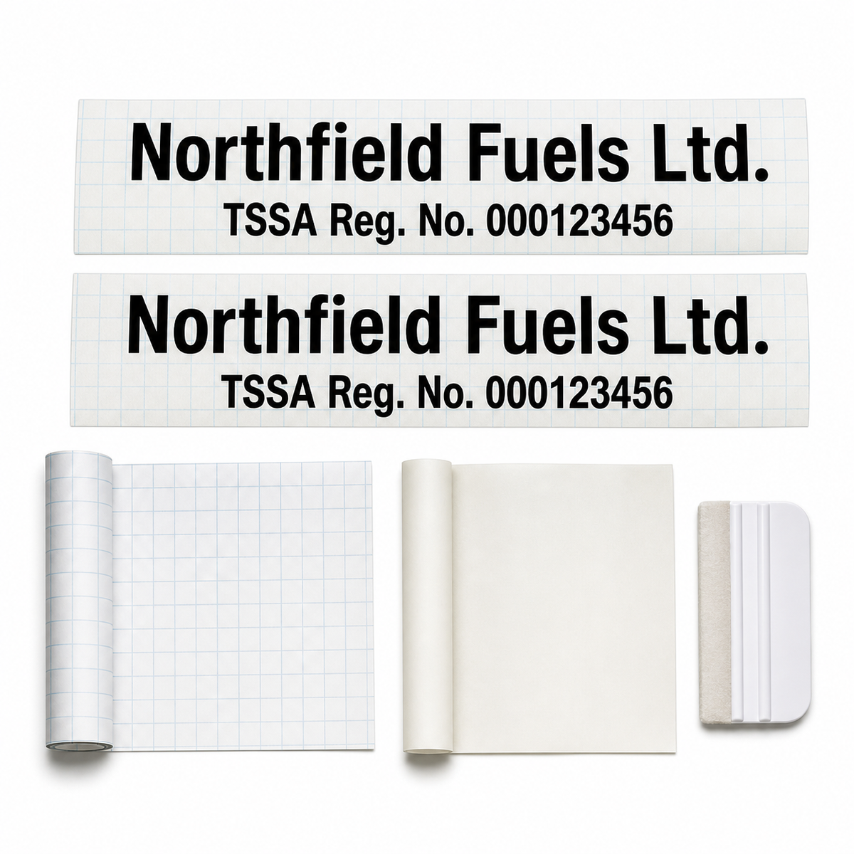 Matched fuels-contractor name and registration-number vinyl lettering pair with application tools.
