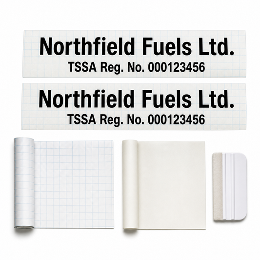 Matched fuels-contractor name and registration-number vinyl lettering pair with application tools.